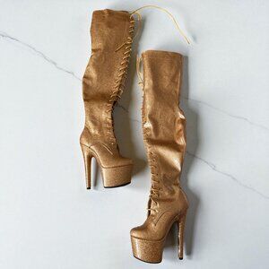GOLD Glitter Platform Over the Knee Lace Up Boots Size US 7